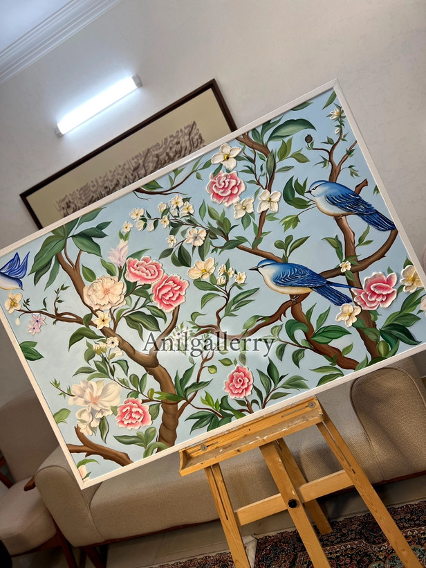 تابلو گل و بلبل تمام کار دست برجسته کار شده با رنگ روغن