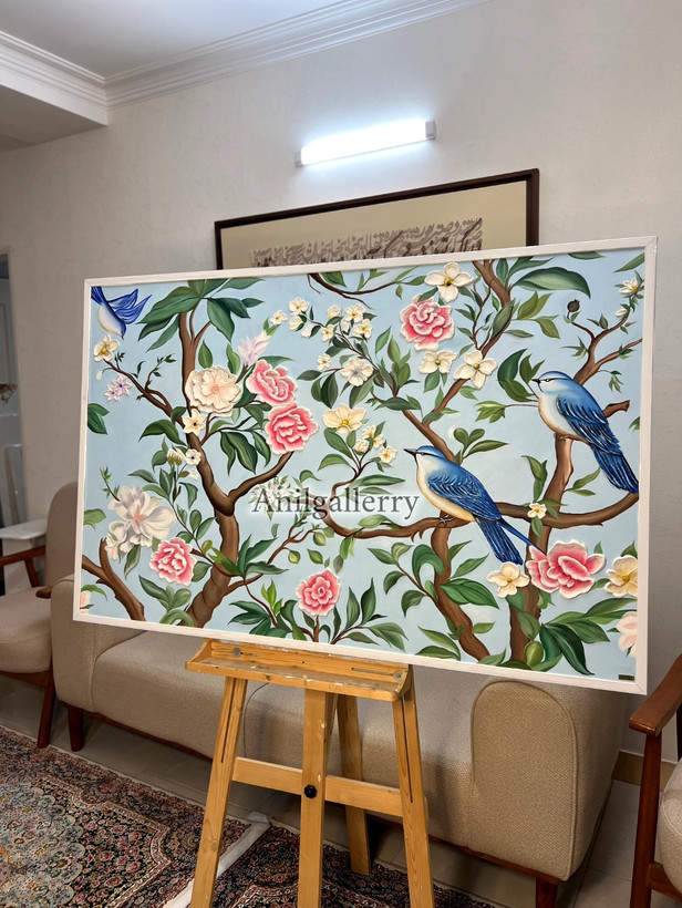 تابلو گل و بلبل تمام کار دست برجسته کار شده با رنگ روغن