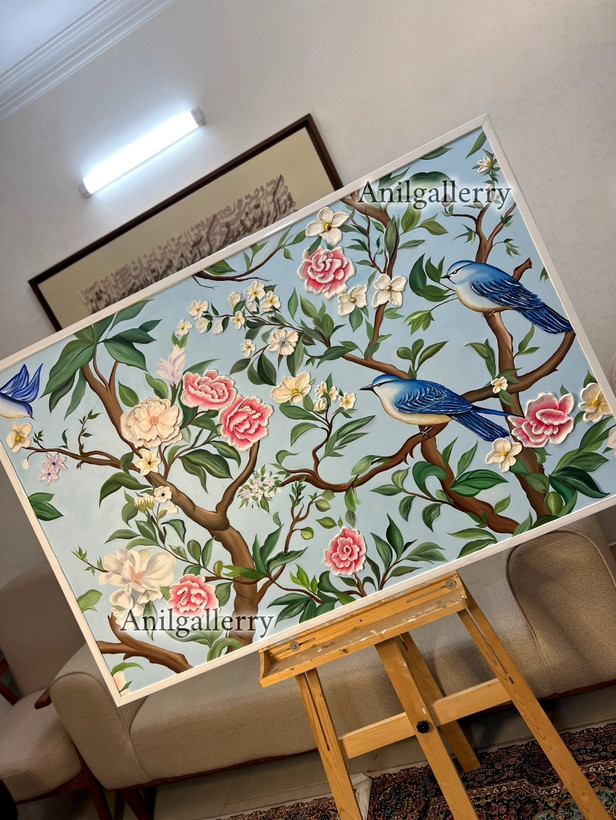 تابلو گل و بلبل تمام کار دست برجسته کار شده با رنگ روغن