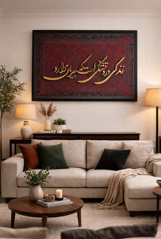 تابلو برجسته مخمل کاری شده، کار با حروف چوبی